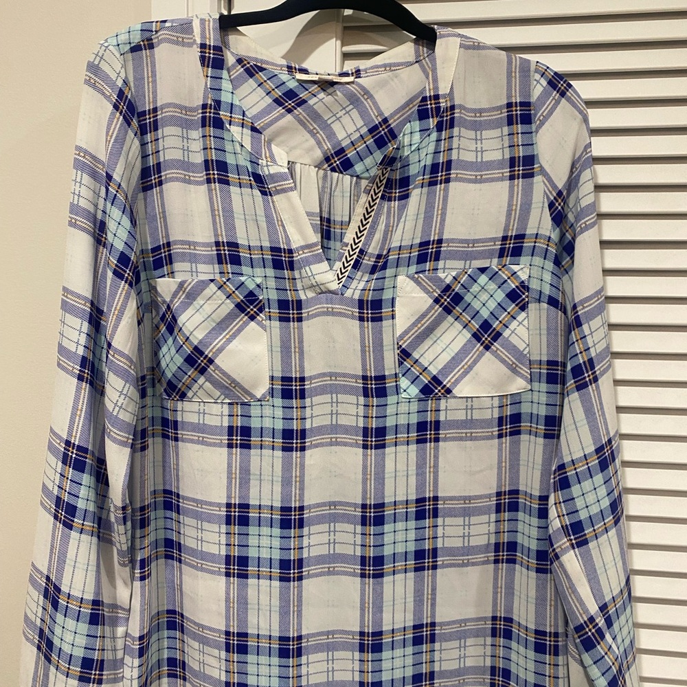 Blue and White Plaid Long Sleeve Blouse